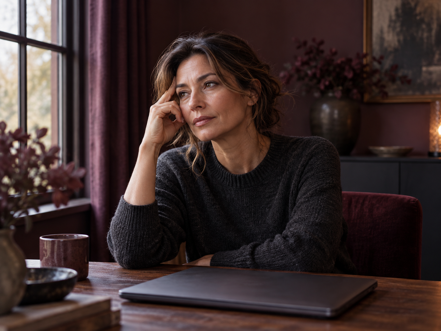A woman taking a quiet pause after closing her laptop