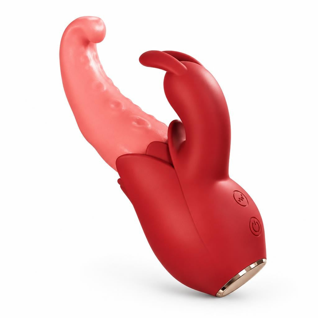 Red dual stimulation vibrator, a clitoral licking and sucking vibrator with a curved pink textured shaft, angled front view on a white background