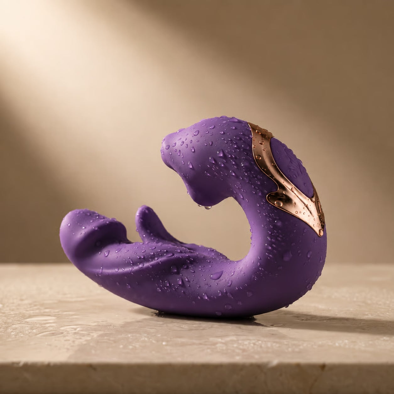 Purple and gold Vita in a warm studio setting