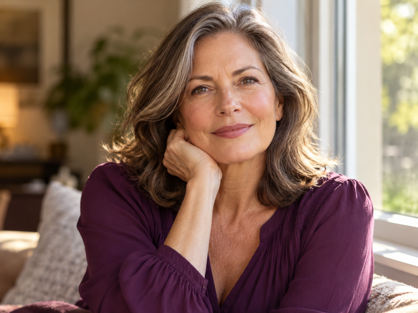 Portrait of a woman in midlife wearing a plum blouse